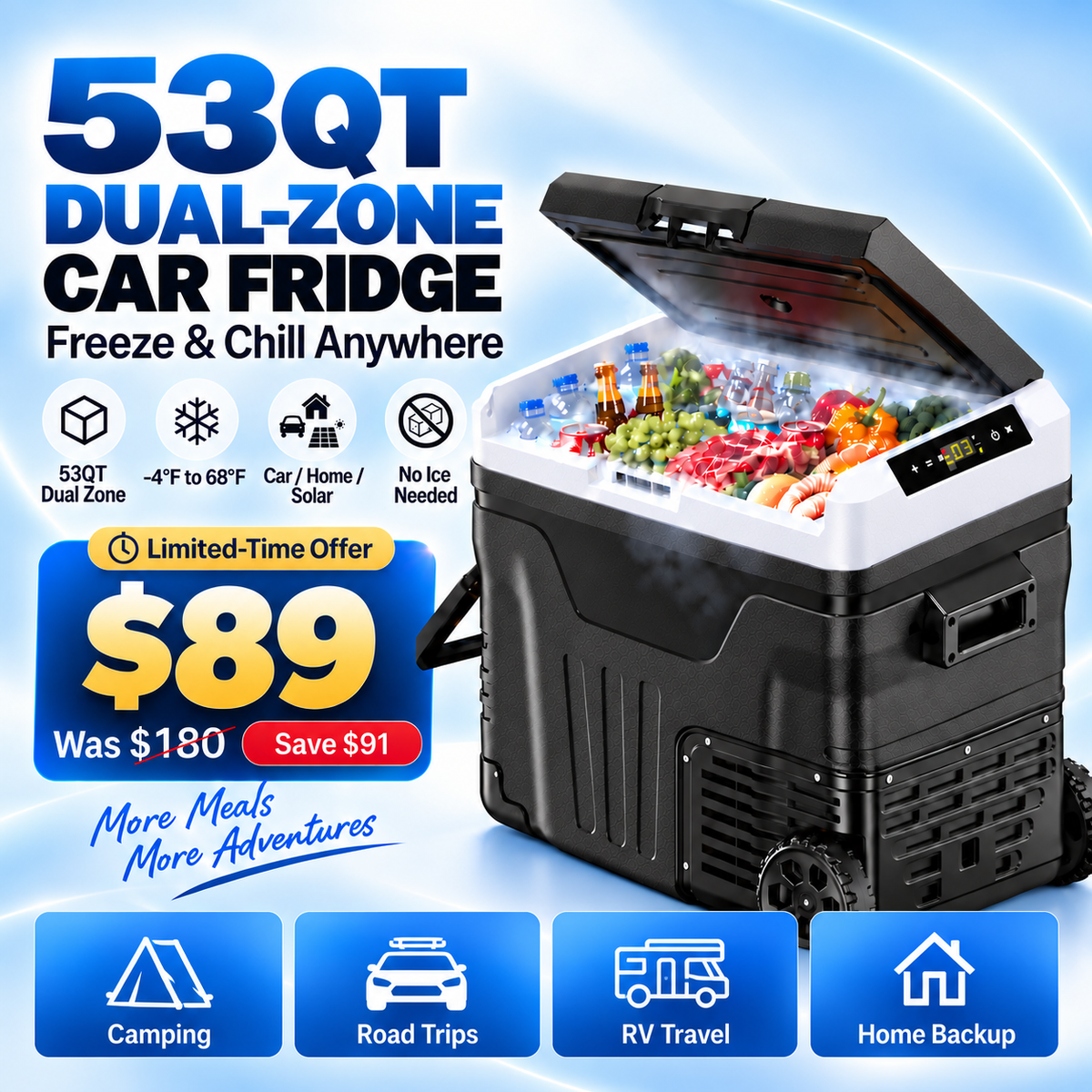 53QT 12V Portable Car Refrigerator – Dual Zone Fridge & Freezer